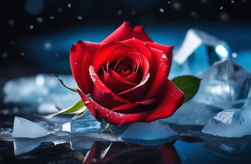 red rose on a background of cracked blue ice it's snowing 