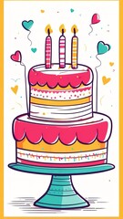 Birthday cake with balloons greeting card cartoon illustration colorful candles sweet anniversary