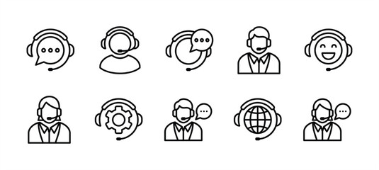 Customer service and support icon set. Containing assistance, technical support, call center, hotline, operator, staff, and agent communication for app and website. Vector illustration