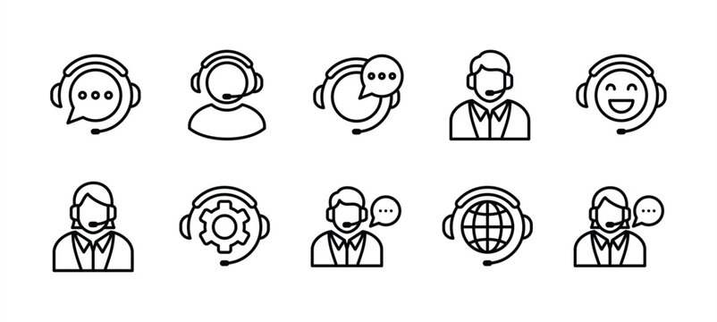 Customer service and support icon set. Containing assistance, technical support, call center, hotline, operator, staff, and agent communication for app and website. Vector illustration
