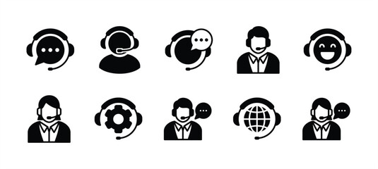 Customer service and support icon set. Containing assistance, technical support, call center, hotline, operator, staff, and agent communication for app and website. Vector illustration - obrazy, fototapety, plakaty