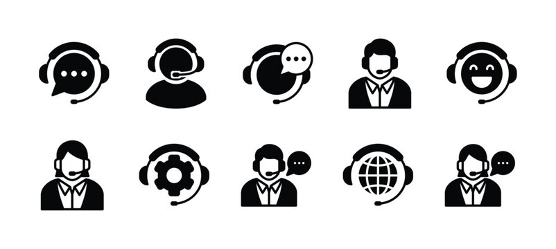 Customer service and support icon set. Containing assistance, technical support, call center, hotline, operator, staff, and agent communication for app and website. Vector illustration