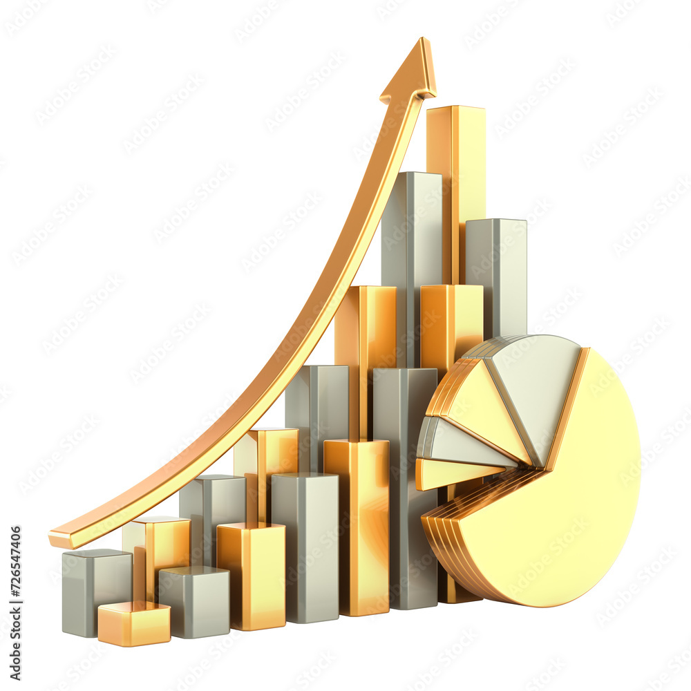 Poster metallic craphs, pie charts, diagrams, bars with growth arrow. 3d rendering isolated on transparent 