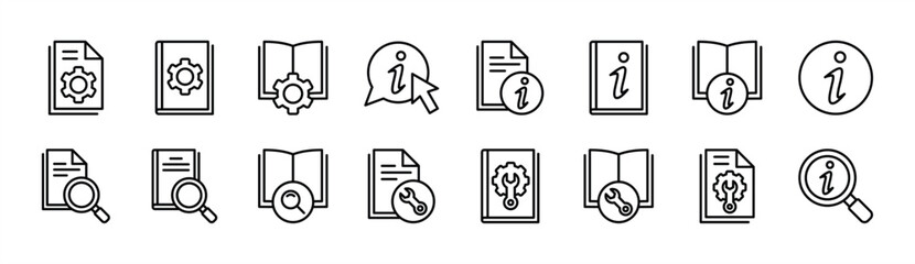 Manual book thin line icon set. User guide book icon collection. Containing instruction, information, guide, reference, help and support. Vector illustration