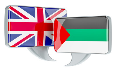 English-Arabic conversation concept. Speech balloons with British and Arabic flags. 3D rendering isolated on transparent background