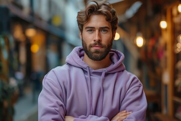 Obraz premium A young confident bearded Caucasian man wearing lilac hoodie against blurred background