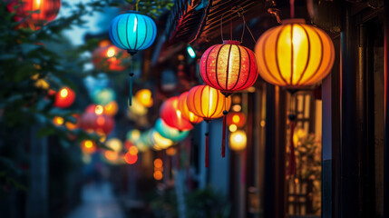 Obraz premium Evening ambiance with colorful street lanterns