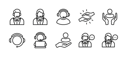 Customer service and support thin line icon set. Containing communication and help instruction for assistance, operator, call center and technical support. Vector illustration