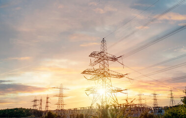 High voltage electric tower line pylon for distribution of electricity from powerstations to...