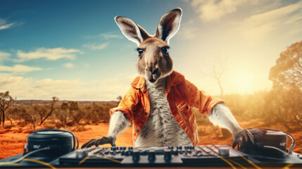 An energetic kangaroo rocking a DJ booth in the heart of the Australian outback