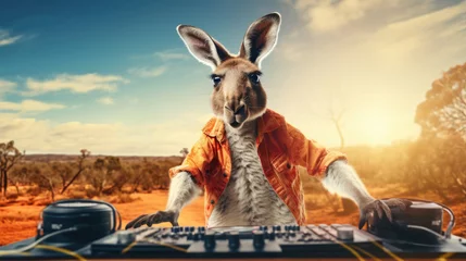 Tuinposter An energetic kangaroo rocking a DJ booth in the heart of the Australian outback © basketman23