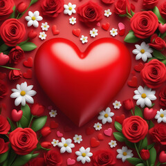 red hearts and spring colorful flowers 2/3 of the Valentine's Day background there is a place for the inscription