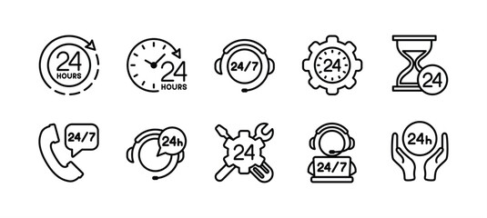 24 hours thin line icon set. Customer service and support 24 hours a week icons. Containing assistance, help, operator, call center and technical support. Vector illustration