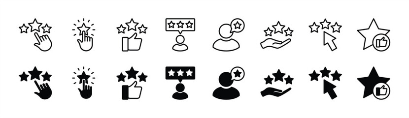 Customer review and feedback icon set. Containing rating, satisfaction, star, best or high service, quality, positive, thumb up, and survey icon for apps and websites. Vector illustration