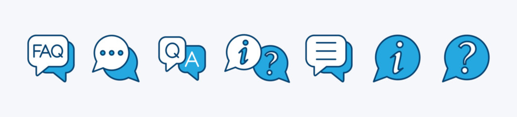FAQ icon set. Frequently asked questions icon. Message, help, speech bubble, Q and A, question and answer, and information symbol for app and website. Vector illustration