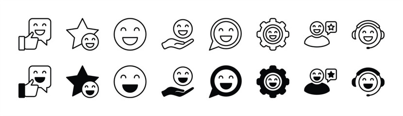 Satisfaction thin line icon set. Containing happiness, rating, recommend, feedback, support, service and other. Vector illustration