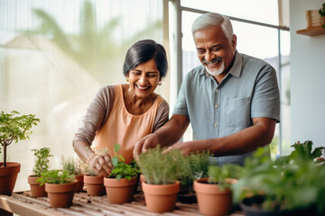 Indian married senior mature couple planting herbs in living room - obrazy, fototapety, plakaty