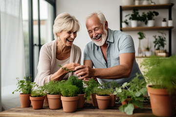 Caucasian married senior mature couple planting herbs in living room