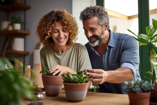 Caucasian married middle aged couple planting herbs in living room