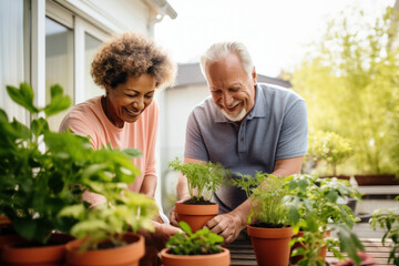 Multiracial married middle aged couple planting herbs at the backyard