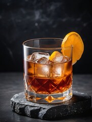 Photo Of Old Fashioned Cocktail On Stone Background, Whiskey On Stone Rustic Background
