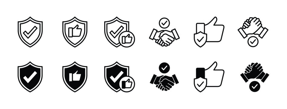 Reliable thin line icon set. Containing trust, confidence, trustworthy, credibility, friends, truth, sincerity and honesty for safety, secure, shield protection. Vector illustration