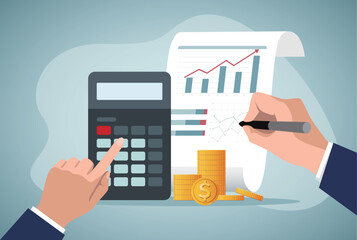Budget planning or income management, spending and expense report or investment balance sheet, debt calculation and analysis. Use a calculator with one hand and record data with the other hand.