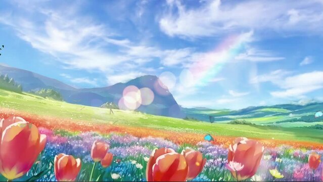 Panoramic fantasy view of nature tulips flower field and blue sky in Japanese anime watercolor painting illustration style. seamless looping video background