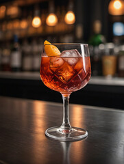 Photo Of A Negroni Sbagliato Cocktail With Ice Cubes On A Bar Counter