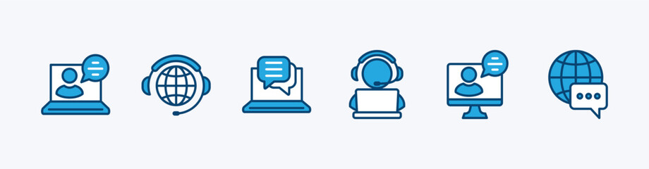 Online customer service and support icon set. Containing assistance, help, operator, hotline, call center, technical support, staff, and global communication agent. Vector illustration - obrazy, fototapety, plakaty