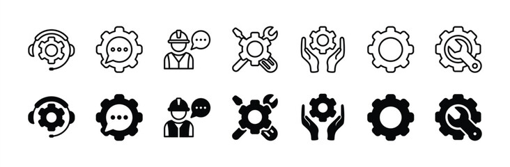 Technical Support and Customer Service thin line icon set. Containing settings, setup, installation, tools, control, customized, repairing, recovery, maintenance, mechanical help. Vector illustration