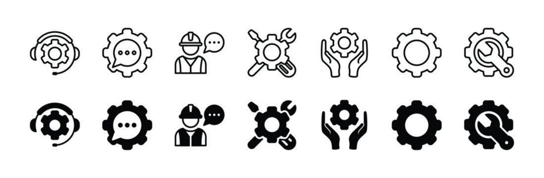 Technical Support and Customer Service thin line icon set. Containing settings, setup, installation, tools, control, customized, repairing, recovery, maintenance, mechanical help. Vector illustration