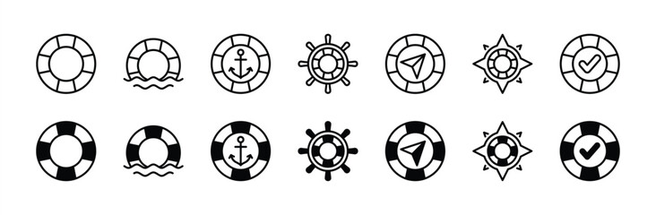 Lifebuoy thin line icon set. Life buoy thin line icon with steering wheel, anchor, compass, wave, and wind rose for help, support, service. Vector illustration