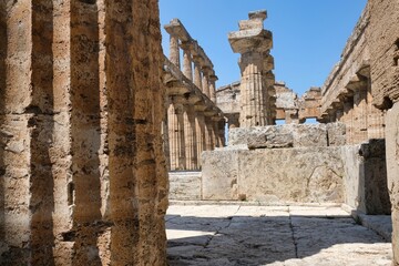 Architectural details of the famous temple of Hera in the famous ruins of PAESTUM, Salerno,...