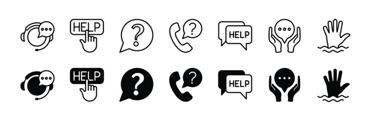 Customer service and support thin line icon set. Containing help, contact buttons, question mark, chat speech bubble, call center, and hand. Vector illustration