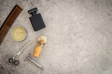 Male perfume with shaving brush and razor. Set of male accessories