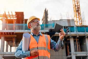 Surveyor builder site engineer with theodolite total station at construction site outdoors during...