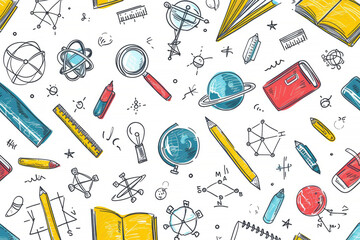 A playful and creative back to school doodle pattern with various education-related items like books, pencils, and magnifying glasses, ideal for stationery or background themes.
