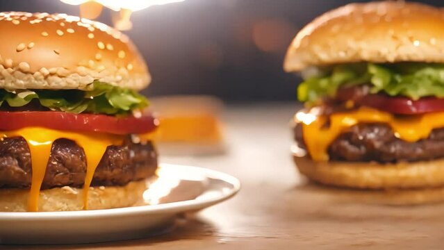 Juicy cheeseburgers with beef patty, onions, and melted, slow-dripping cheese tucked away in a freshly baked sesame bun. Generative AI