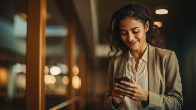 Professional Businesswoman Smiling And Using Her Smartphone In A Tech Office