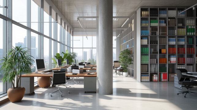 Spacious And Well-lit Modern Corporate Office Interior With A Long Meeting Table, Floor-to-ceiling Windows, And A Panoramic View Of The Cityscape.
