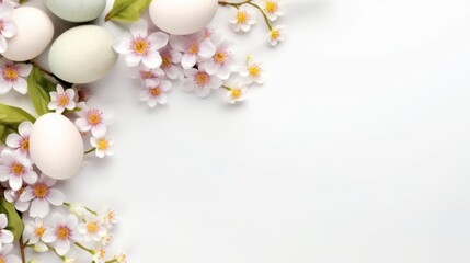 Naklejka na ściany i meble Spring easter background with space for text. Eggs and cherry blossoms in pastel colors on white background. AI generated.