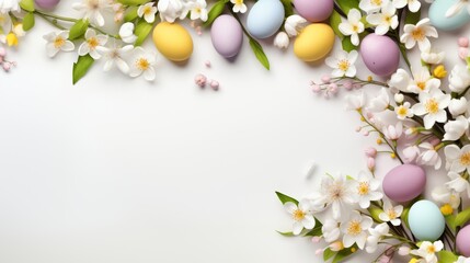 Spring easter background with space for text. Eggs and cherry blossoms in pastel colors on white background. AI generated.