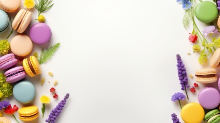 Spring easter background with big copy space for text. Bright macaroons and flowers. Birthday or wedding banner decoration.