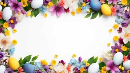 Naklejka na ściany i meble Spring easter background with space for text. Bright colorful eggs and flowers on white background. Greeting banner. AI generated.