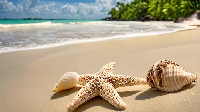 Summer composition starfish lies on the sandy coast of the sea among shells, the waves gently wash the beach, glare in the sun. Generative AI