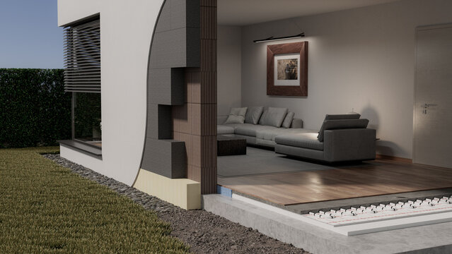 Fassadend&auml;mmung im Schnitt mit W&auml;rmed&auml;mmverbundsystem und Styropor(WDVS) und Fu&szlig;bodenheizung mit Bodend&auml;mmung und Trittschallplatten oder Tackerplatten eines Einfamilienhauses 2