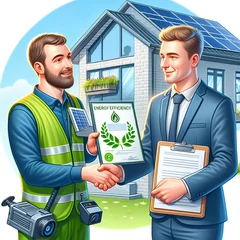 Fotobehang Receiving an energy efficiency certificate. Professional auditor handing over document to building owner against the backdrop of a modern energy efficient building. Generative AI © bbsferrari