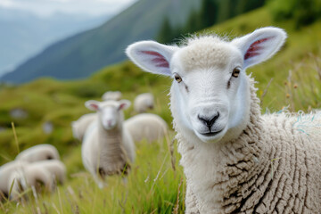 sheep on a pasture in the mountains looks at the camera close-up