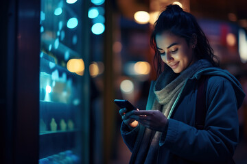 Beautiful young woman using smartphone, texting messages and smiling on city street full of lights at night.